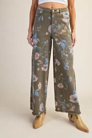 Easel Plus size Floral Printed Twill Pants