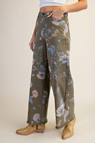 Easel Plus size Floral Printed Twill Pants