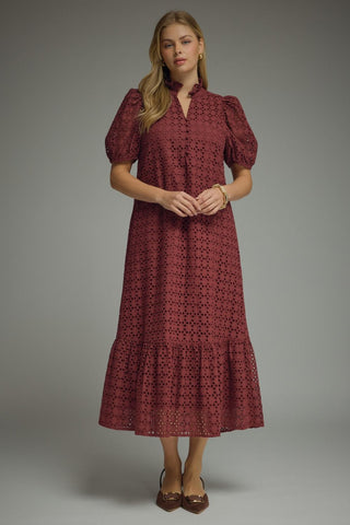 Entro Eyelet Ruffle Sleeve Midi Dress