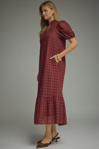 Entro Eyelet Ruffle Sleeve Midi Dress