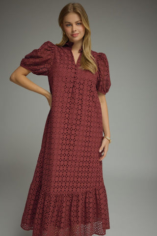 Entro Eyelet Ruffle Sleeve Midi Dress