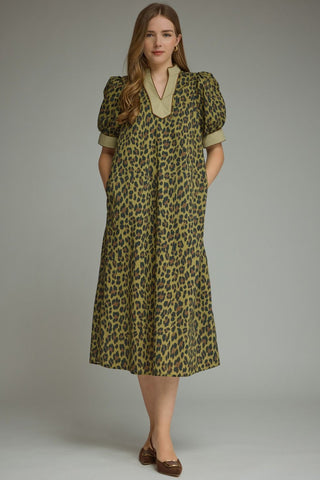 Entro Leopard Puff Sleeve Midi Dress