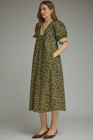 Entro Leopard Puff Sleeve Midi Dress