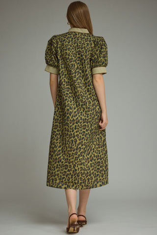 Entro Leopard Puff Sleeve Midi Dress
