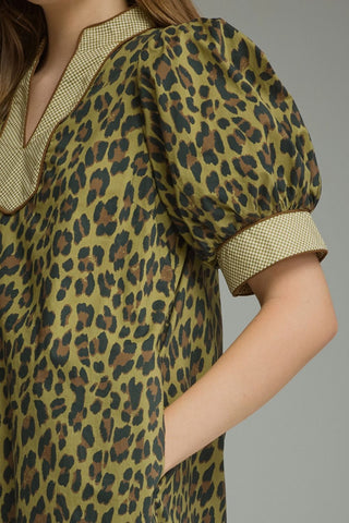 Entro Leopard Puff Sleeve Midi Dress