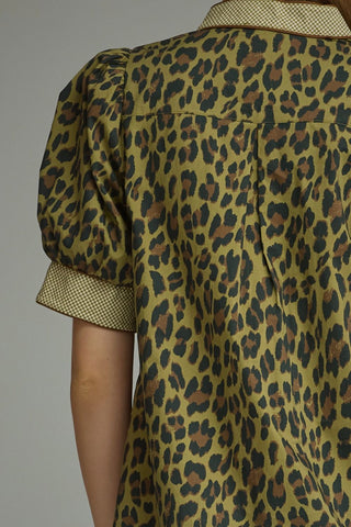 Entro Leopard Puff Sleeve Midi Dress
