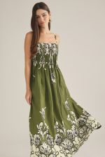 Entro Olive Floral Smocked Maxi Dress