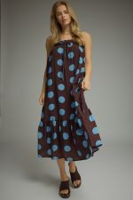 Entro Spaghetti Strap Polka Dot Ruffle Midi Dress