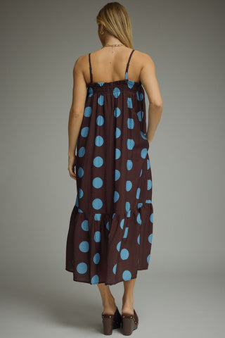 Entro Spaghetti Strap Polka Dot Ruffle Midi Dress