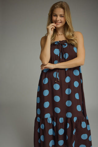 Entro Spaghetti Strap Polka Dot Ruffle Midi Dress
