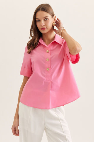 Entro Solid Collared Top with Gold Buttons