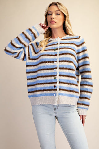 Easel Striped Fuzzy Knit Cardigan