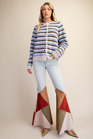 Easel Striped Fuzzy Knit Cardigan
