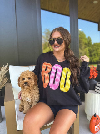 BOO Striped SPLIT NECK Graphic Crewneck