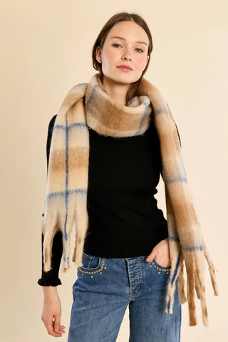 Molly Bracken Camel Plaid Fringed Scarf